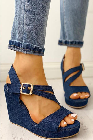 Buckles Cross Denim Wedges