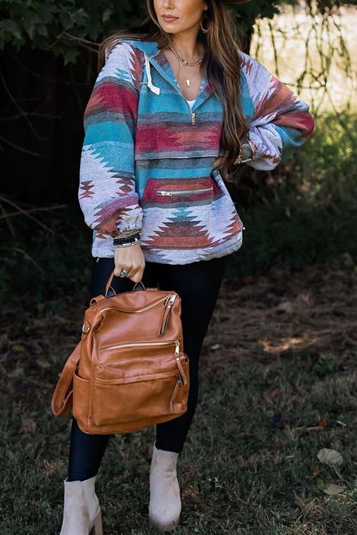 Sunset Aztec Print Pocketed Hoodie