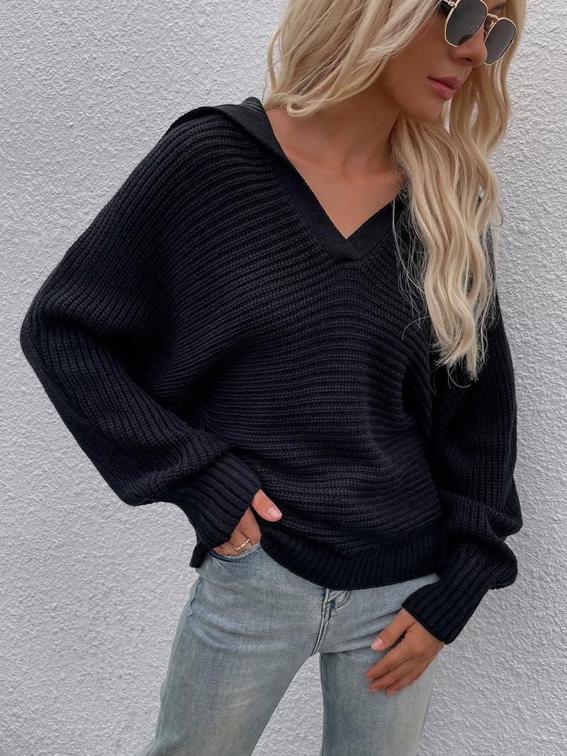 Pull en Maille Ample Col V Manches Longues