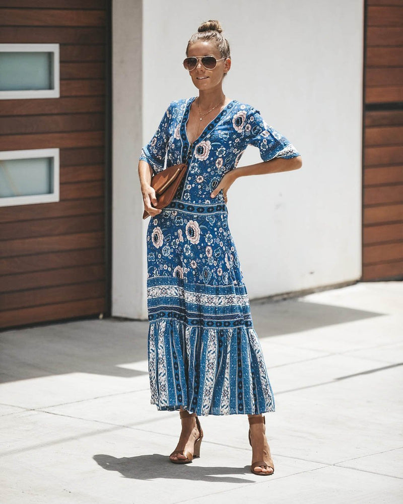 Robe Longue à Manches Courtes et Imprimé Floral Boho