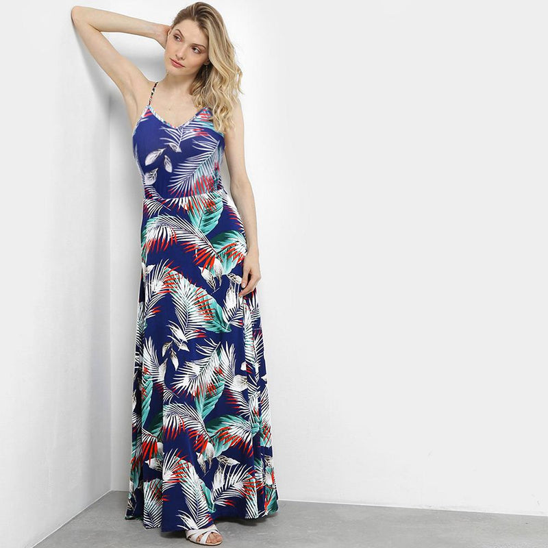 Sphaghetti Strap Leaf Print V Neck Long Beach Dress