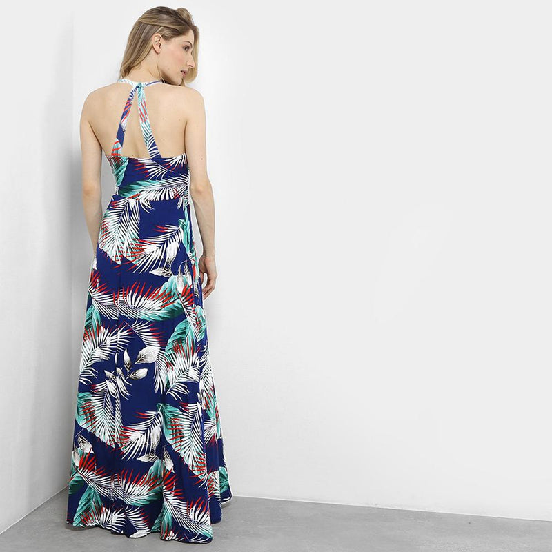 Sphaghetti Strap Leaf Print V Neck Long Beach Dress