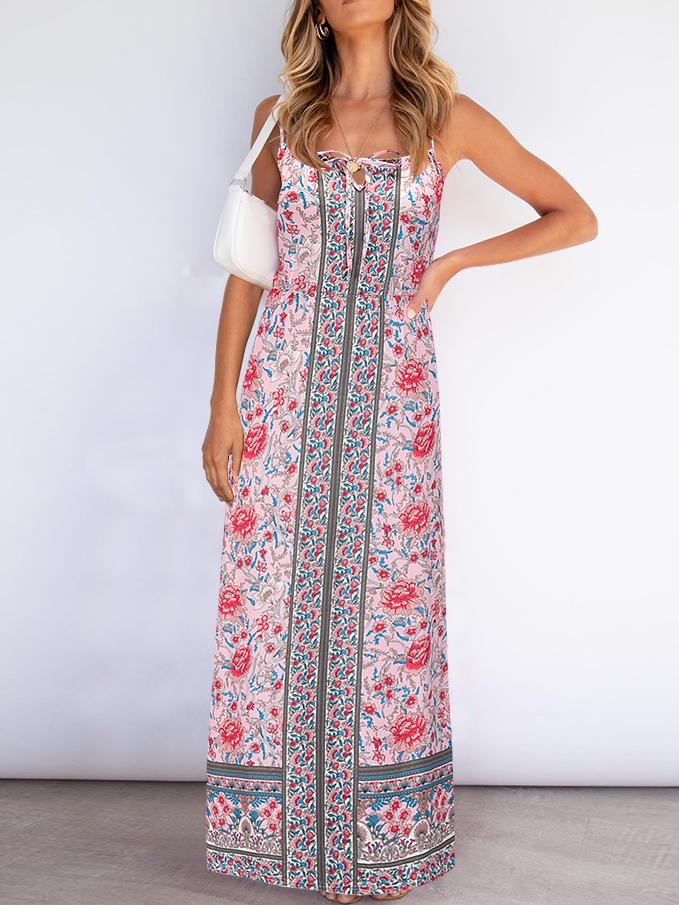 Robe Maxi Sans Manches Floral Dos Nu Bretelles Spaghetti Réglables