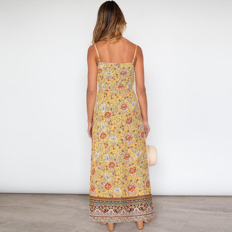 Robe Maxi Sans Manches Floral Dos Nu Bretelles Spaghetti Réglables