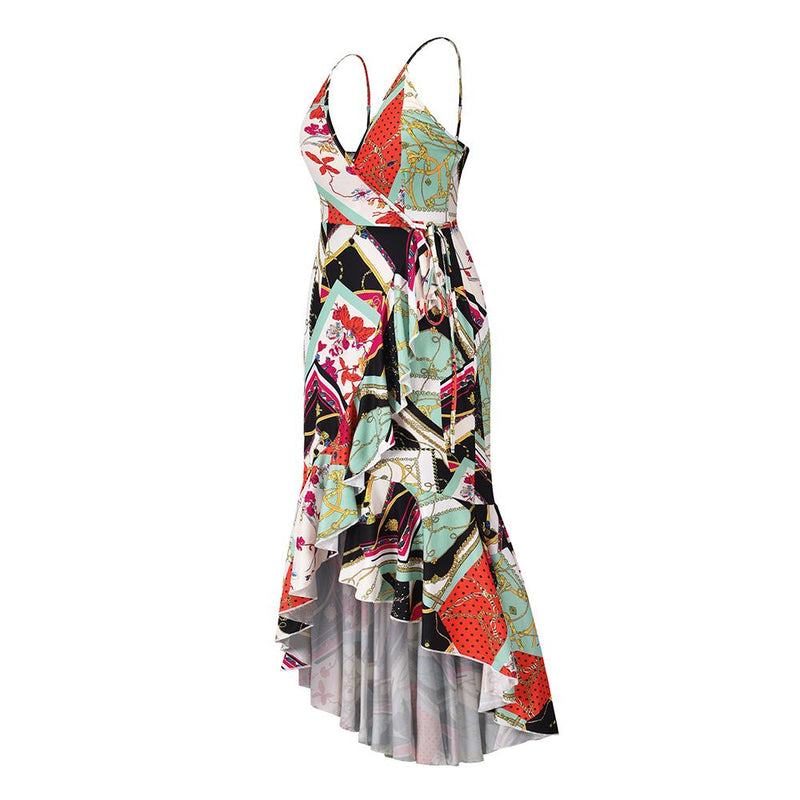 Robe Longue Bretelles Fines Col en V Floral