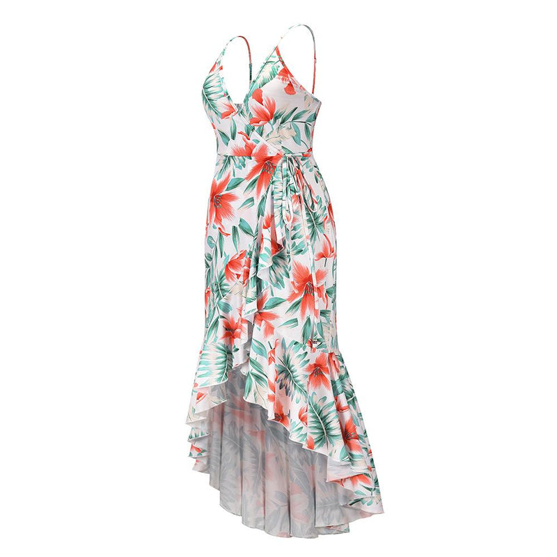 Robe Longue Bretelles Fines Col en V Floral