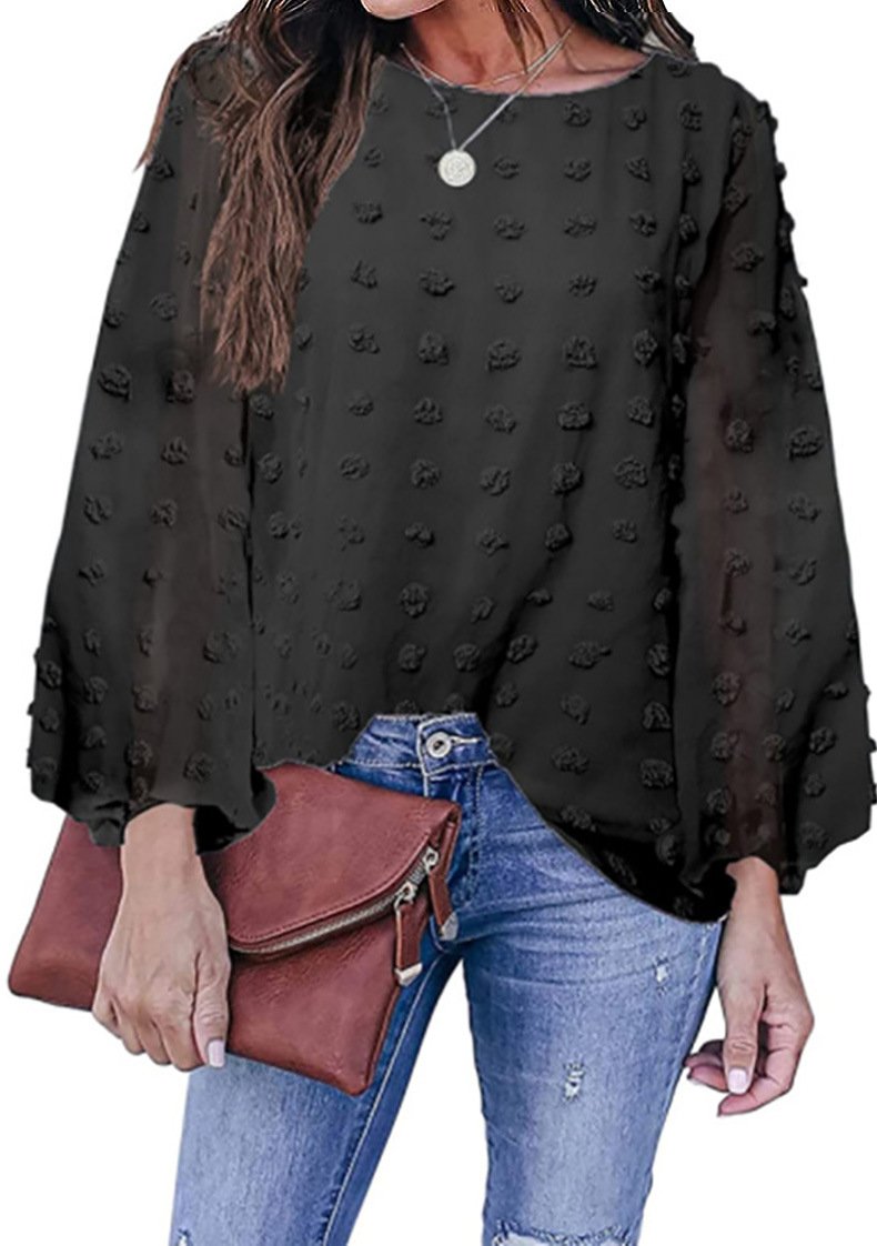 Round Neck Long Sleeve Large Swiss Dot Blouse Top