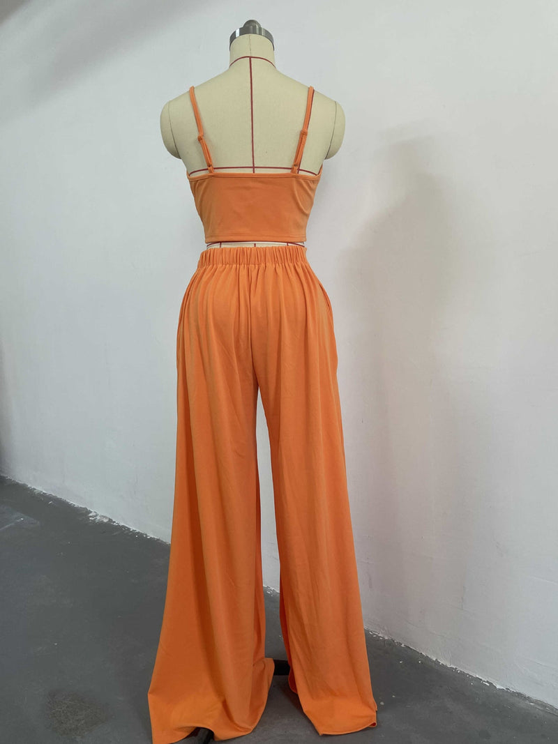 Two Piece Sleeveless V-Neck Crop Top and Wide Leg Solid Pants Set