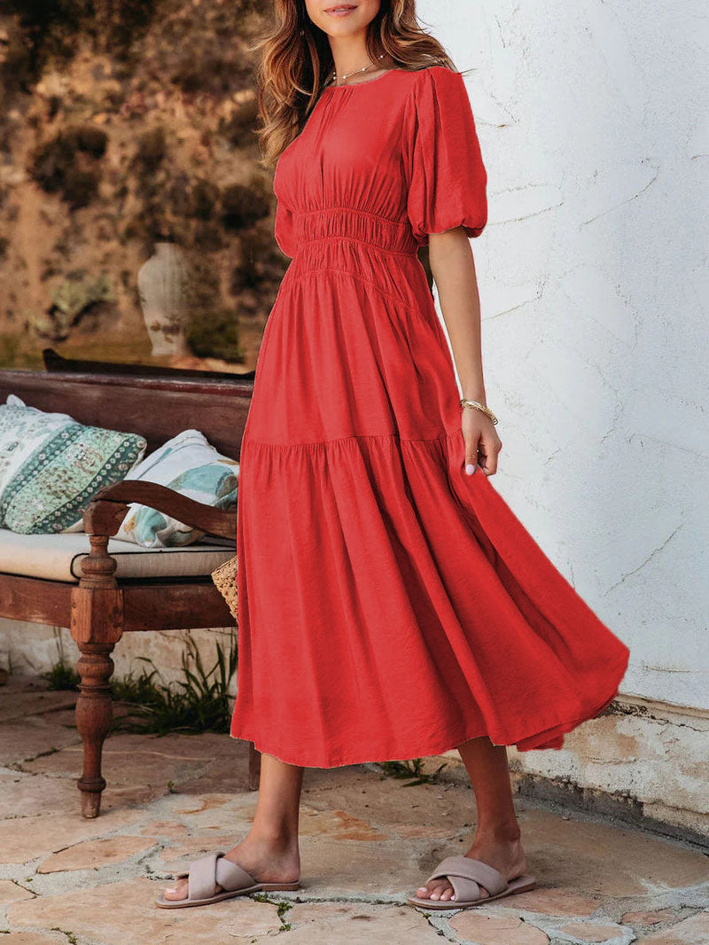 Robe Midi Ample Manches Courtes Col Rond