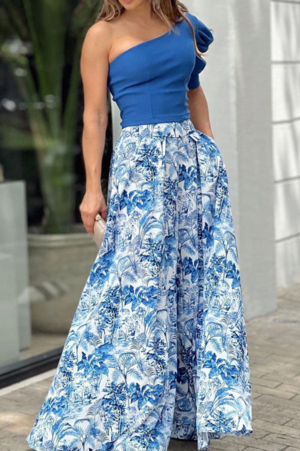 One Shoulder Crop Top Maxi Skirts Set