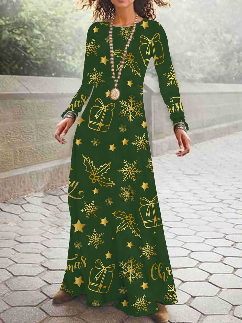 Long Sleeve O-Neck Printed Maxi Christmas Dress