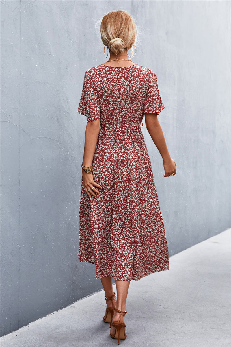 Robe Longue à Pois Col en V Manches Courtes et Taille Élastique