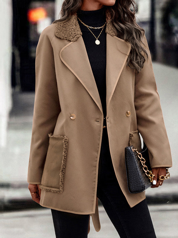 Women's Coats Solid Woolen Lapel Coat