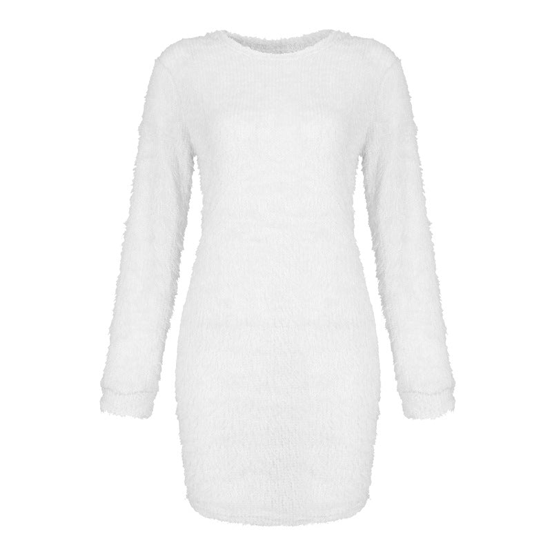 Long Sleeve Round Neck Fluffy Sweater Dress