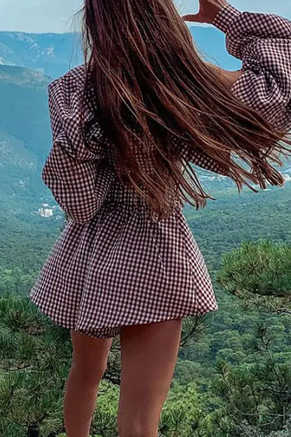 Plaid Button Crop Shirt Shorts Set