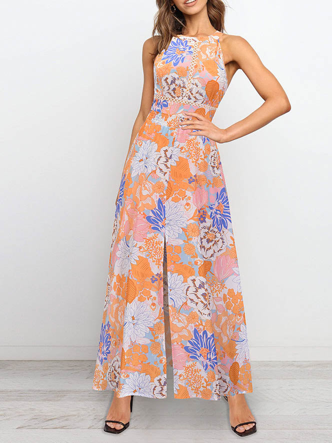 Robe Maxi Florale Sans Manches Col Halter Dos Croisé