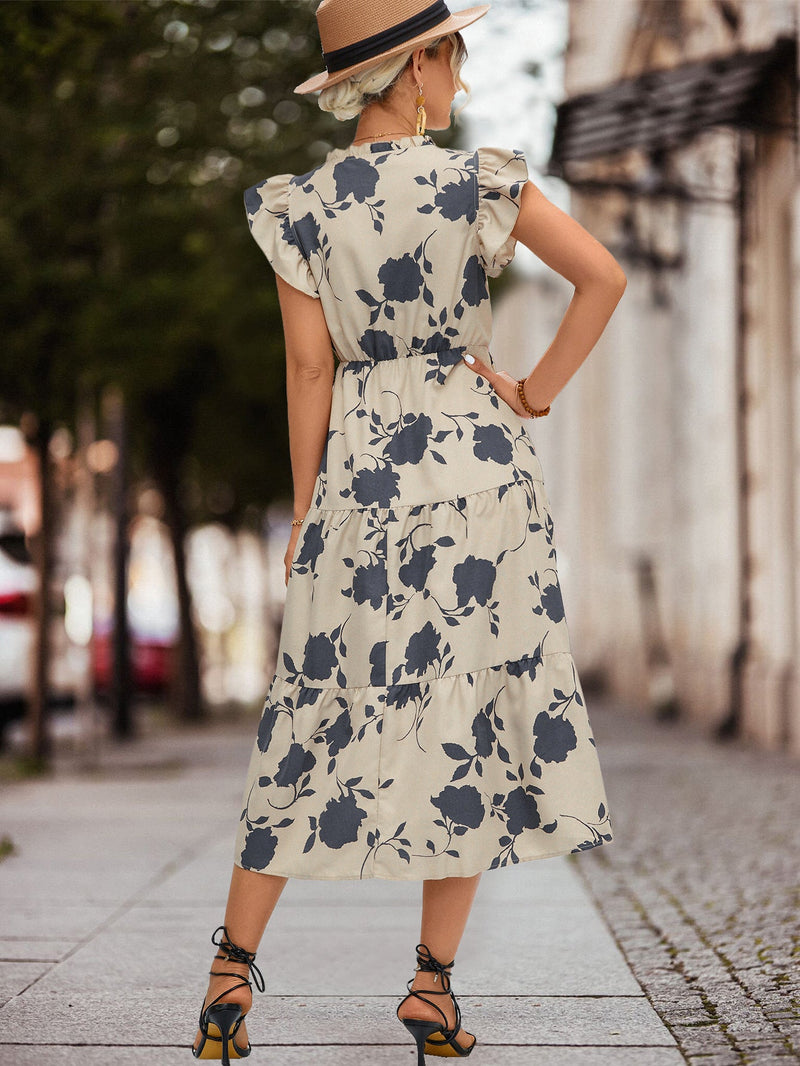 Elegant V-Neck Ruffle Short Sleeve Printed Midi Dress