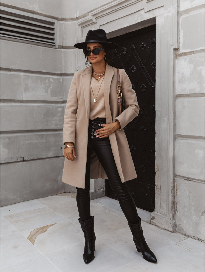 Fashion Lapel Knee Length Woolen Outerwear Jacket Coat