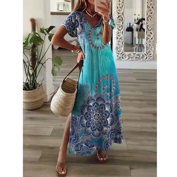 Short Sleeve Side Slit Printed Loose Maxi Dress