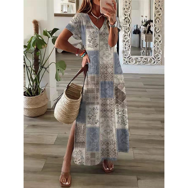 Short Sleeve Side Slit Printed Loose Maxi Dress