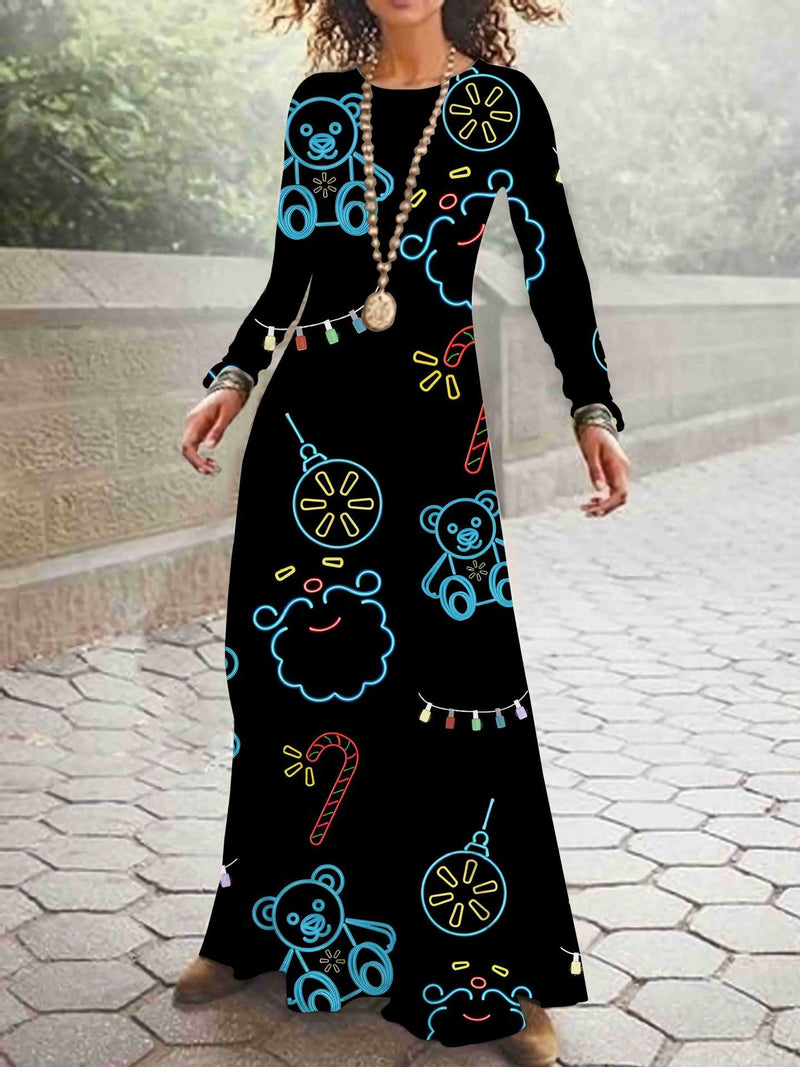 Long Sleeve O-Neck Printed Maxi Christmas Dress