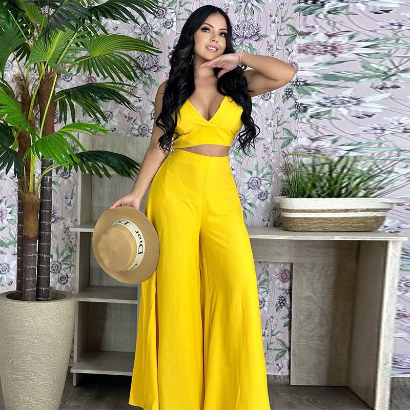 Two Piece Sleeveless V-Neck Crop Top and Wide Leg Solid Pants Set