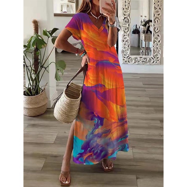 Short Sleeve Side Slit Printed Loose Maxi Dress