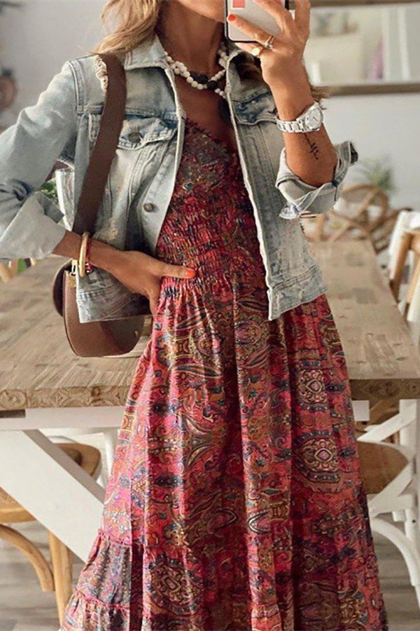 Print V Neck Smocked Maxi Dress