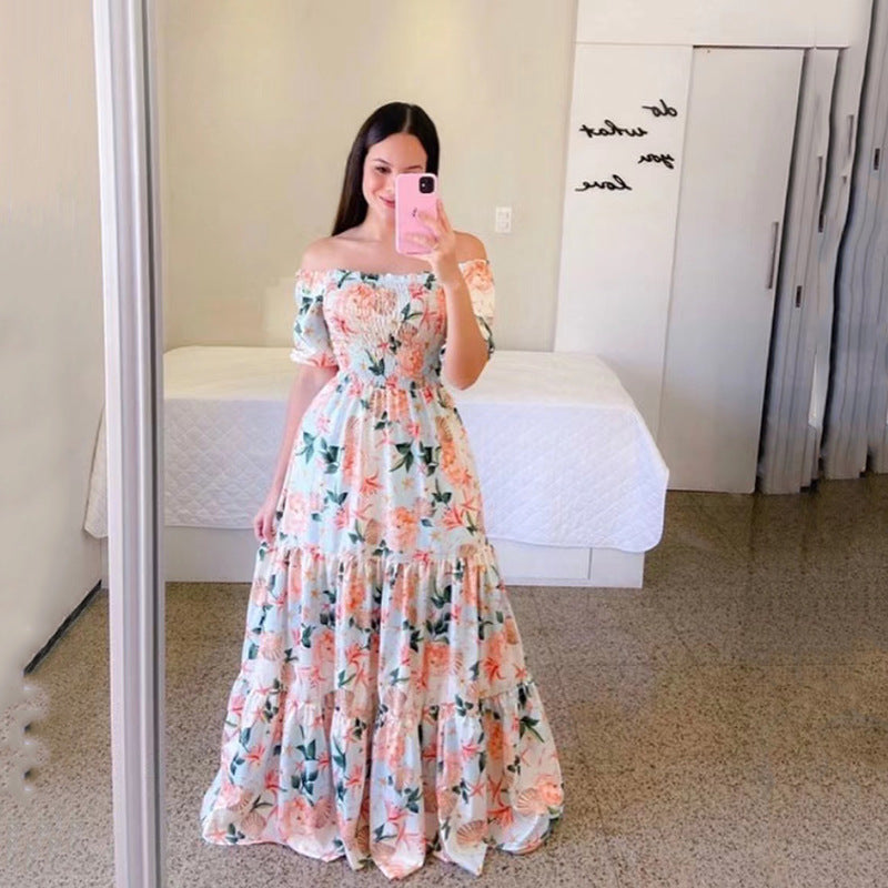 Off Shoulder Short Sleeve Floral Maxi Dress