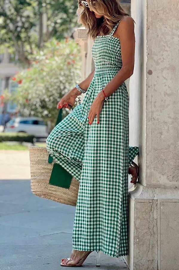 Plaid Smocked Wide Leg Jumpsuit