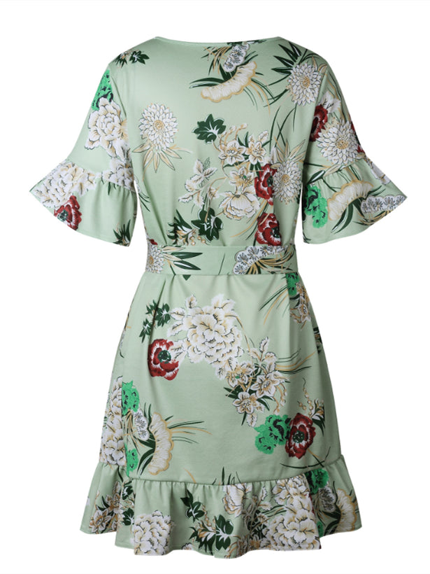 Robe à Imprimé Floral et Manches Courtes Verte