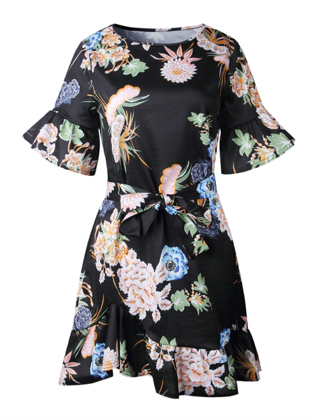 Robe à Imprimé Floral et Manches Courtes Verte