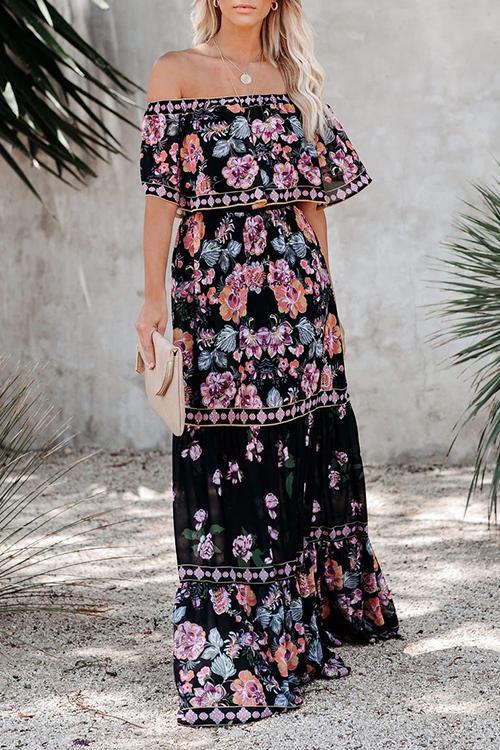 Robe Longue Asymétrique à Volants et Imprimé Floral