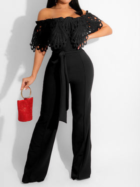 Women's Jumpsuits One-Shoulder Lace Lace-Up Jumpsuit