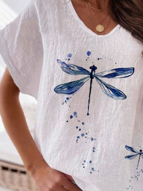 Women's T-Shirts Dragonfly Print V-Neck Short Sleeve Casual T-Shirt