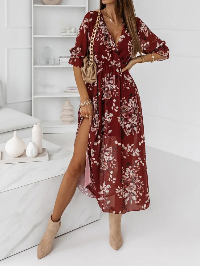 Women's Dresses Printed V-Neck Long Sleeve Slit Chiffon Dress