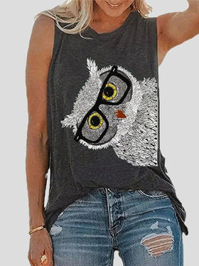 Women's Tank Tops Owl Print Crew Neck Sleeveless Tank Top