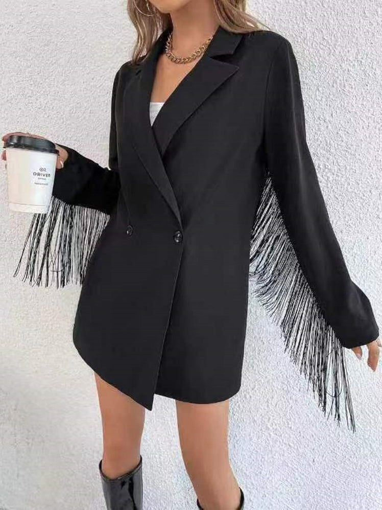 Blazer Manches Longues Franges Boutons Revers Unis