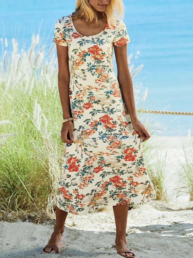 Robe Manches Courtes Col Rond Imprimé Floral