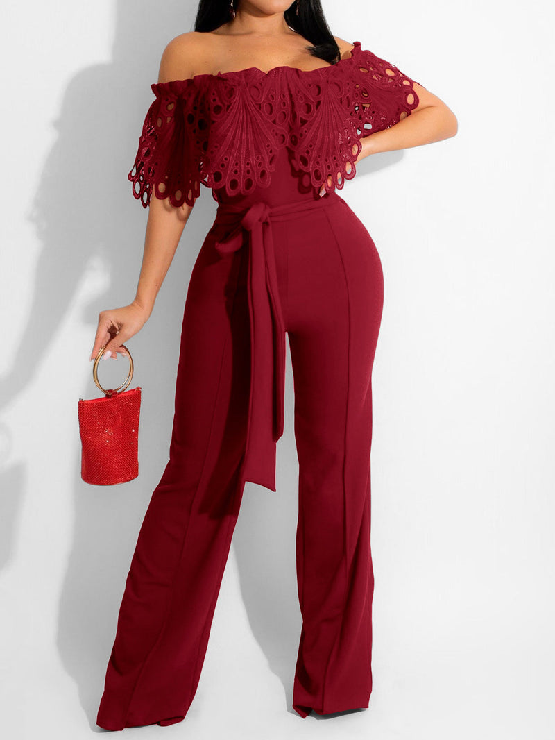 Women's Jumpsuits One-Shoulder Lace Lace-Up Jumpsuit