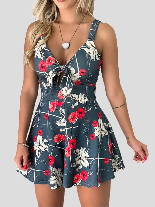 Women's Jumpsuits Printed Suspender Lace-Up Jumpsuit