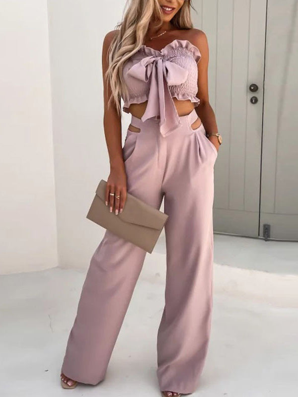 Women's Sets Bow Cropped Top & Wide Leg Pants Two-Piece Set