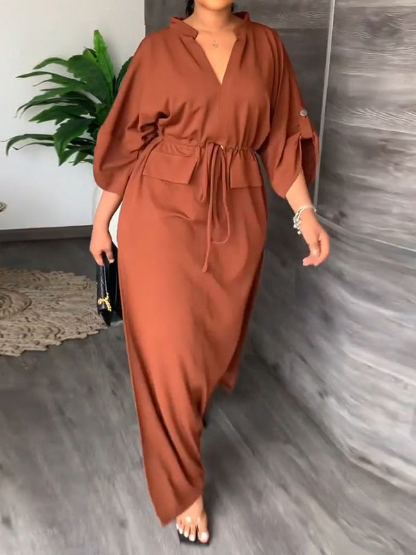 Women's Dresses Casual Solid Tie Long Sleeve Slit Dress