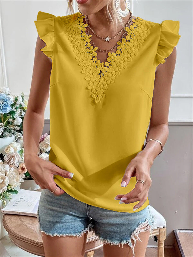 Women's Tank Tops V-Neck Lace Ruffle Sleeve Tank Top