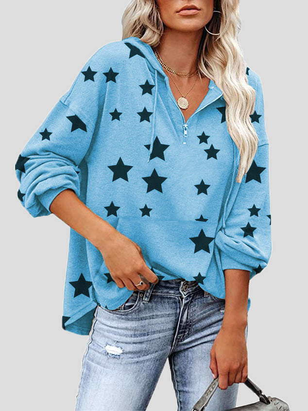 Women's Hoodies Zip Star Print Pocket Long-Sleeve Hoody