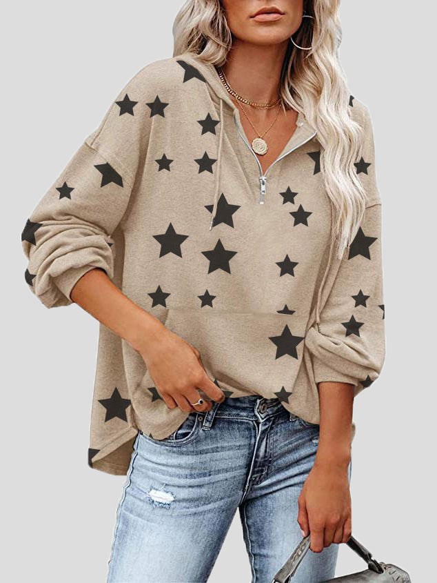 Women's Hoodies Zip Star Print Pocket Long-Sleeve Hoody