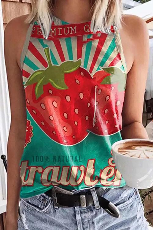 T-Shirt Sans Manches Imprimé Fruits Col Rond