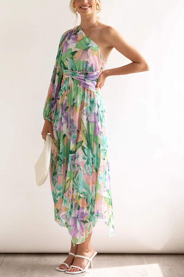 Bloom Your Own Way One Shoulder Pleated Midi Dress