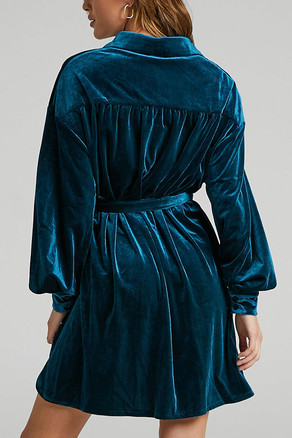 Robe Chemise en Velours avec Ceinture Manches Longues