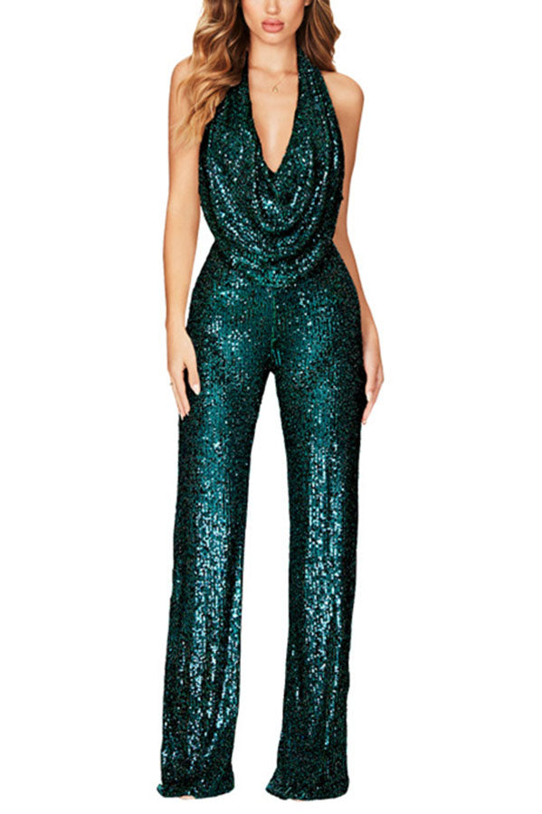 Shimmering Halter Style Drape Neck Wide Leg Jumpsuit